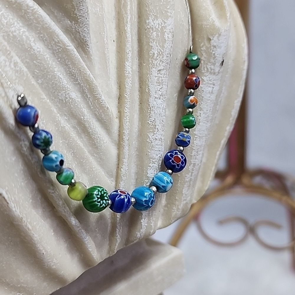 Vintage Multicolor Floral Lampwork Bead Necklace - Blue Green Red